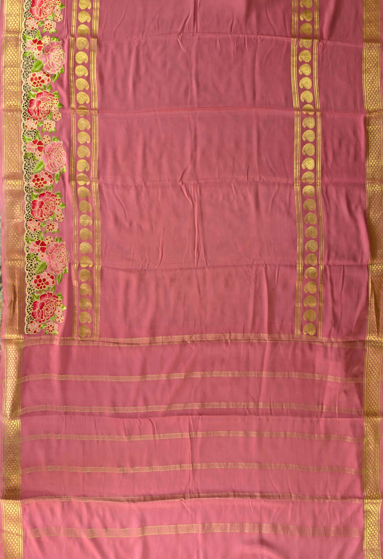 Pure Mysore Silk Crepe - Peach Floral Embroidery with Cut Work