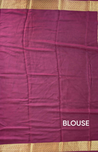 Pure Mysore Silk Crepe - Peach with Wine &amp; Pink 3D Pattern