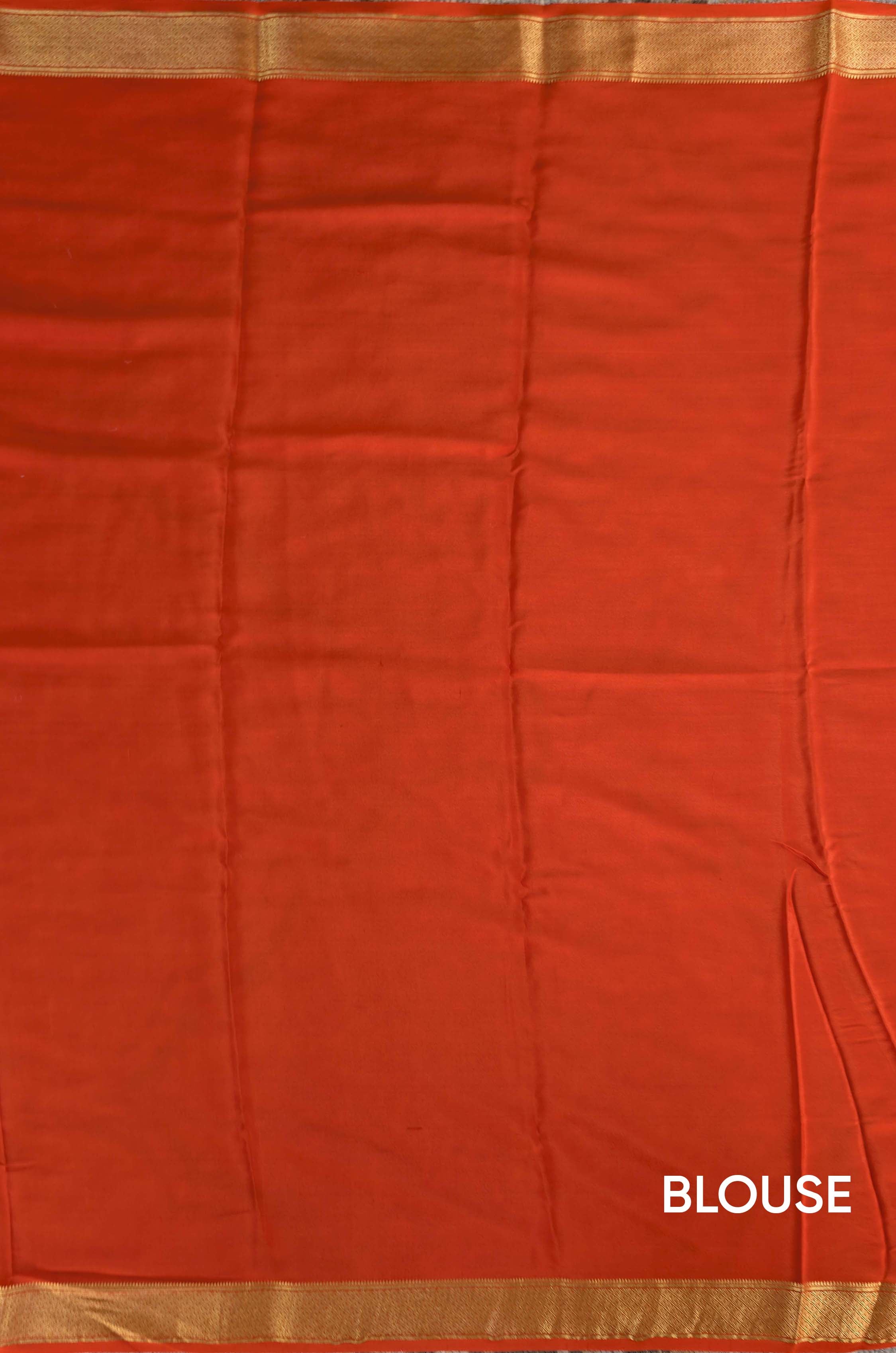 Pure Mysore Silk Crepe -  Brick Orange with Printed Half Border