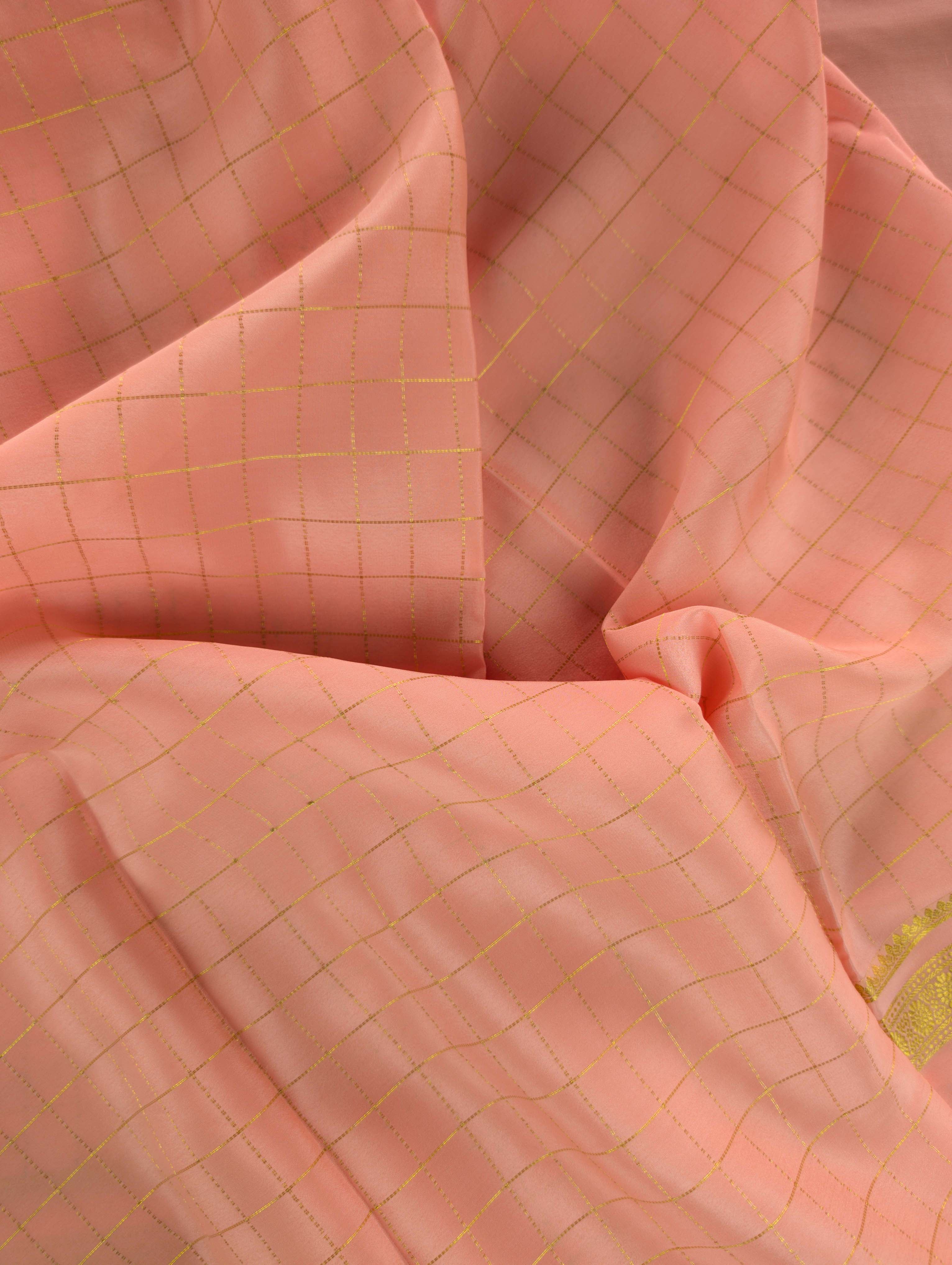 Pure Mysore Silk Crepe - Peach with zari checks and gap border