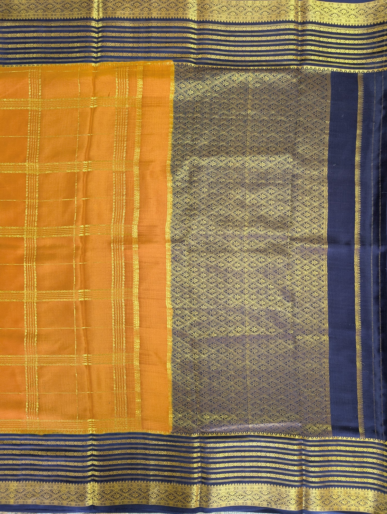 Pure Mysore Silk Crepe - Yellowish Orange with Blue