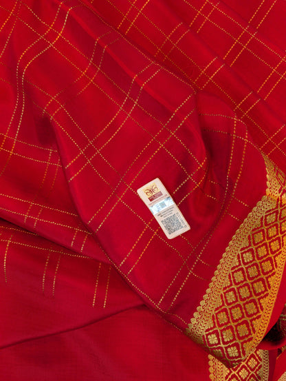 Pure Mysore Silk Crepe - Red with zari checks and border