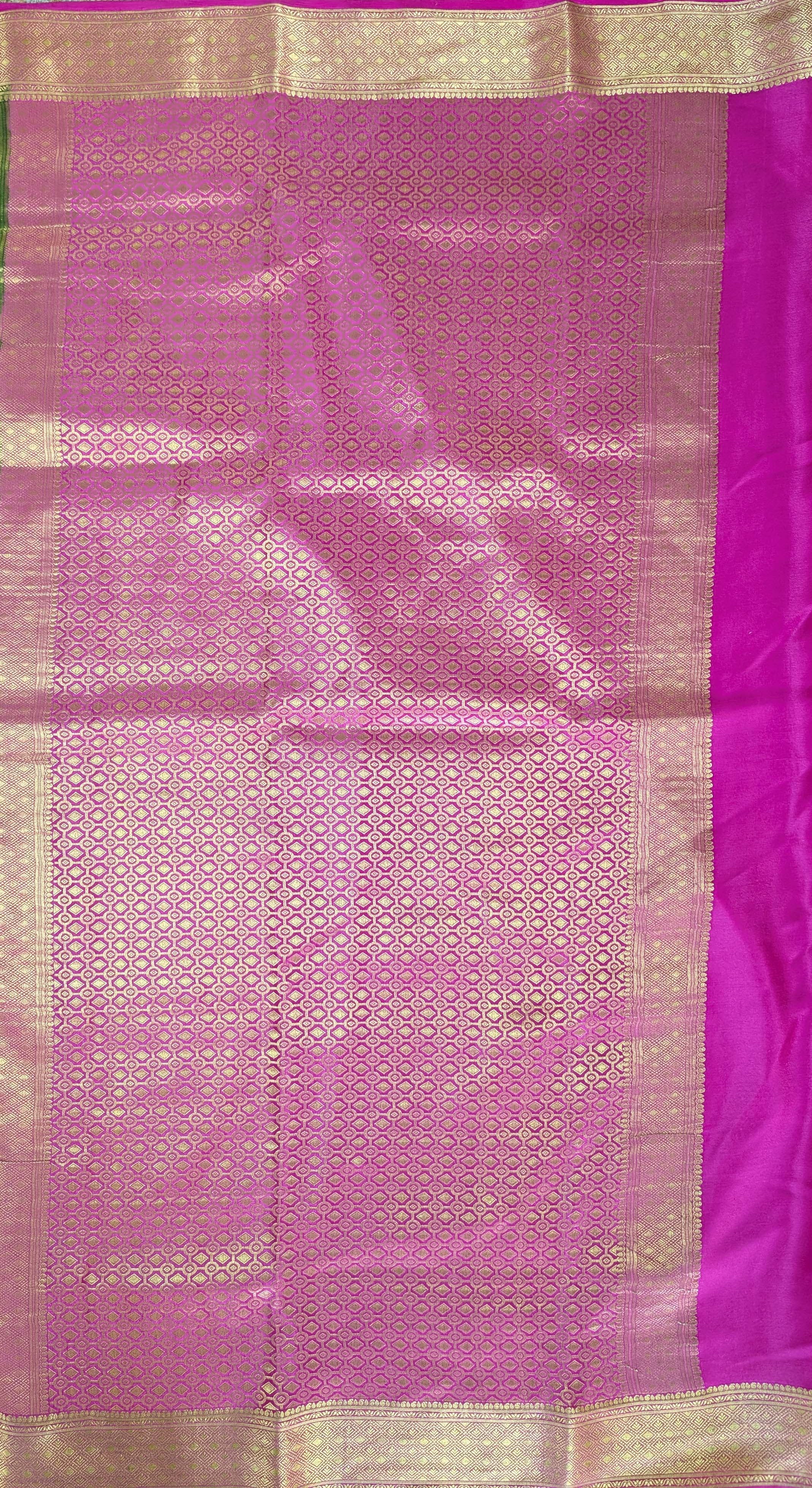 Pure Mysore Silk Crepe Brocade - Green &amp; Pink