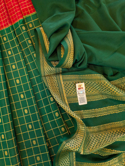 Pure Mysore Silk Crepe - Red with Green Half &amp; Half Pattern