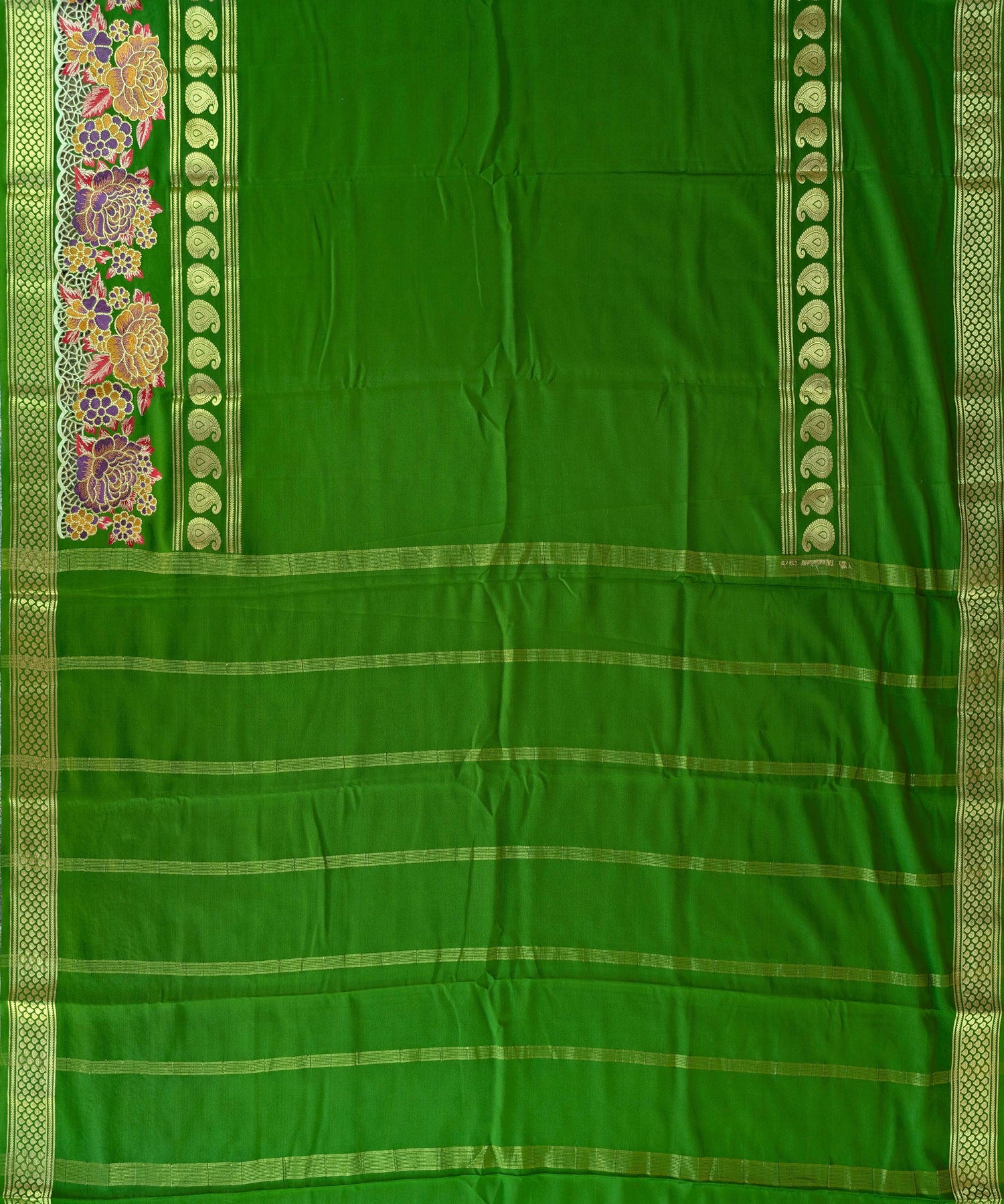 Pure Mysore Silk Crepe - Green Floral Embroidery with Cut Work