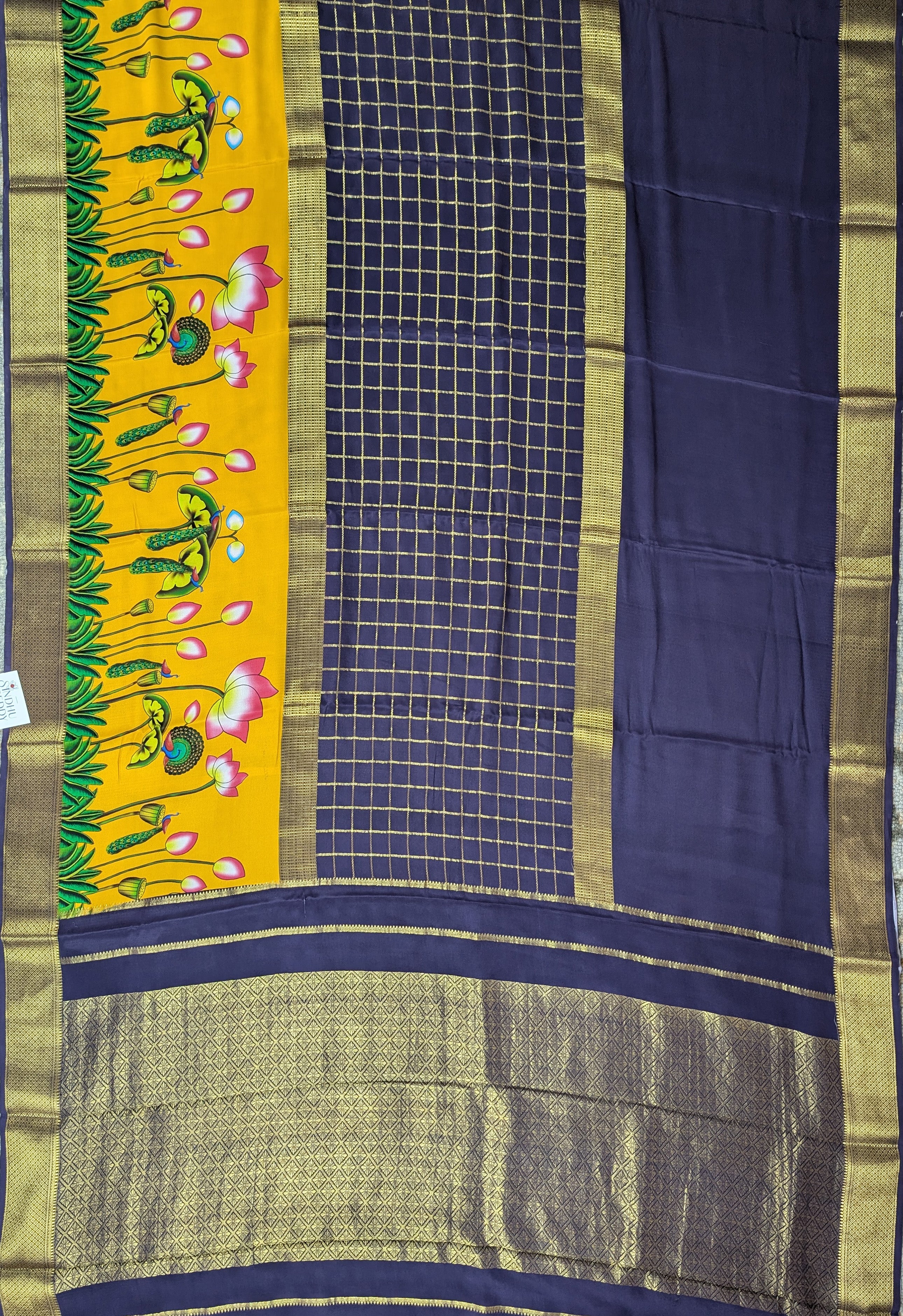 Pure Mysore Silk Crepe -  Purple with Yellow Printed Border