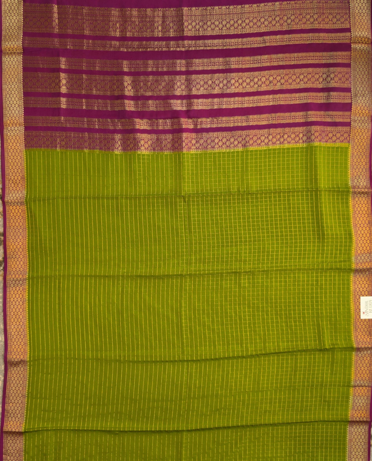 Pure Mysore Silk Crepe - Green with Fusia Pink Half &amp; Half Pattern