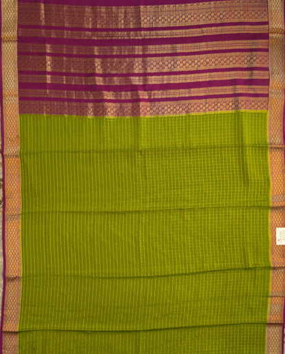 Pure Mysore Silk Crepe - Green with Fusia Pink Half &amp; Half Pattern