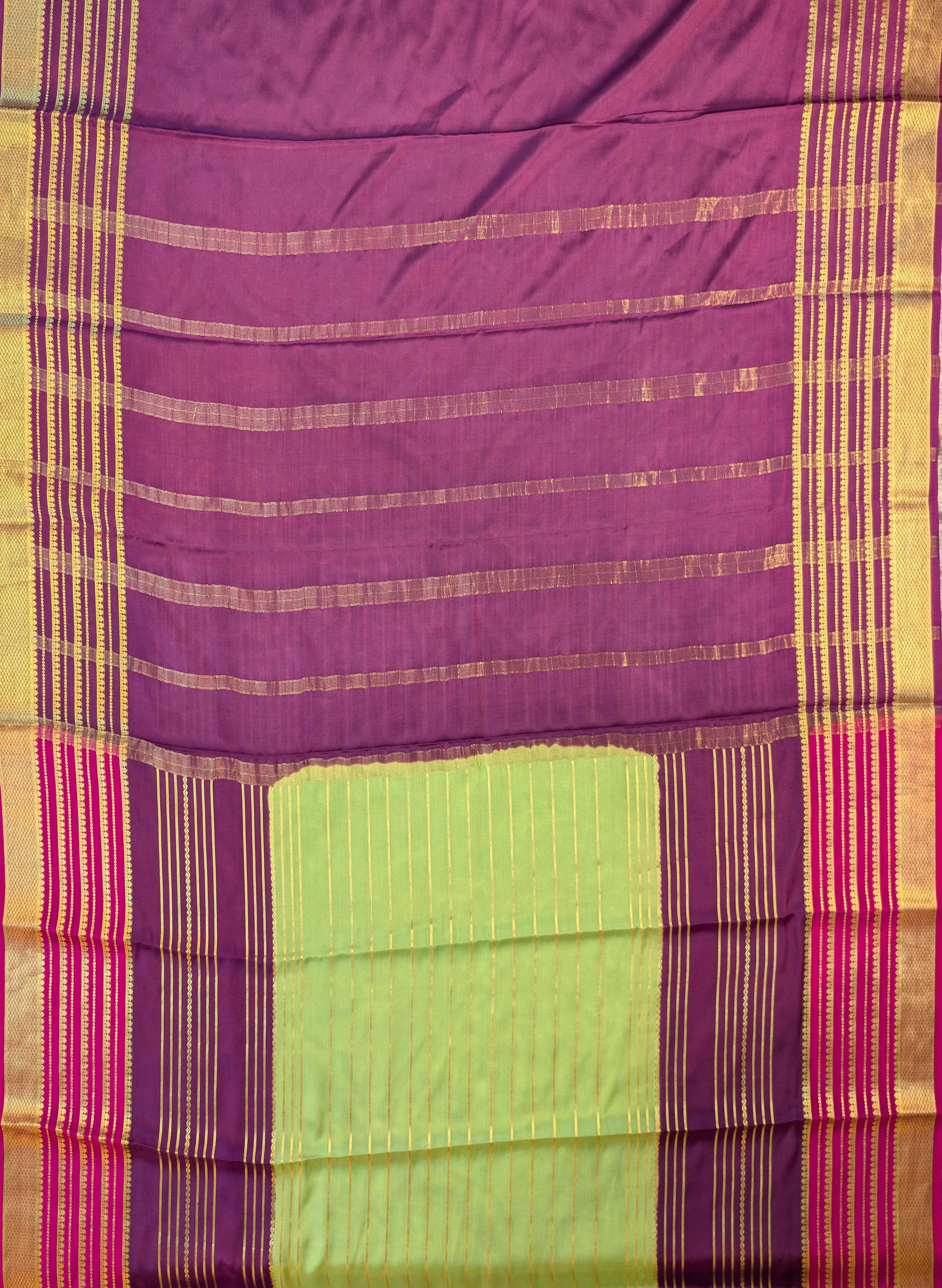 Pure Mysore Silk Crepe - Parrot Green with Chocolate Brown &amp; Pink