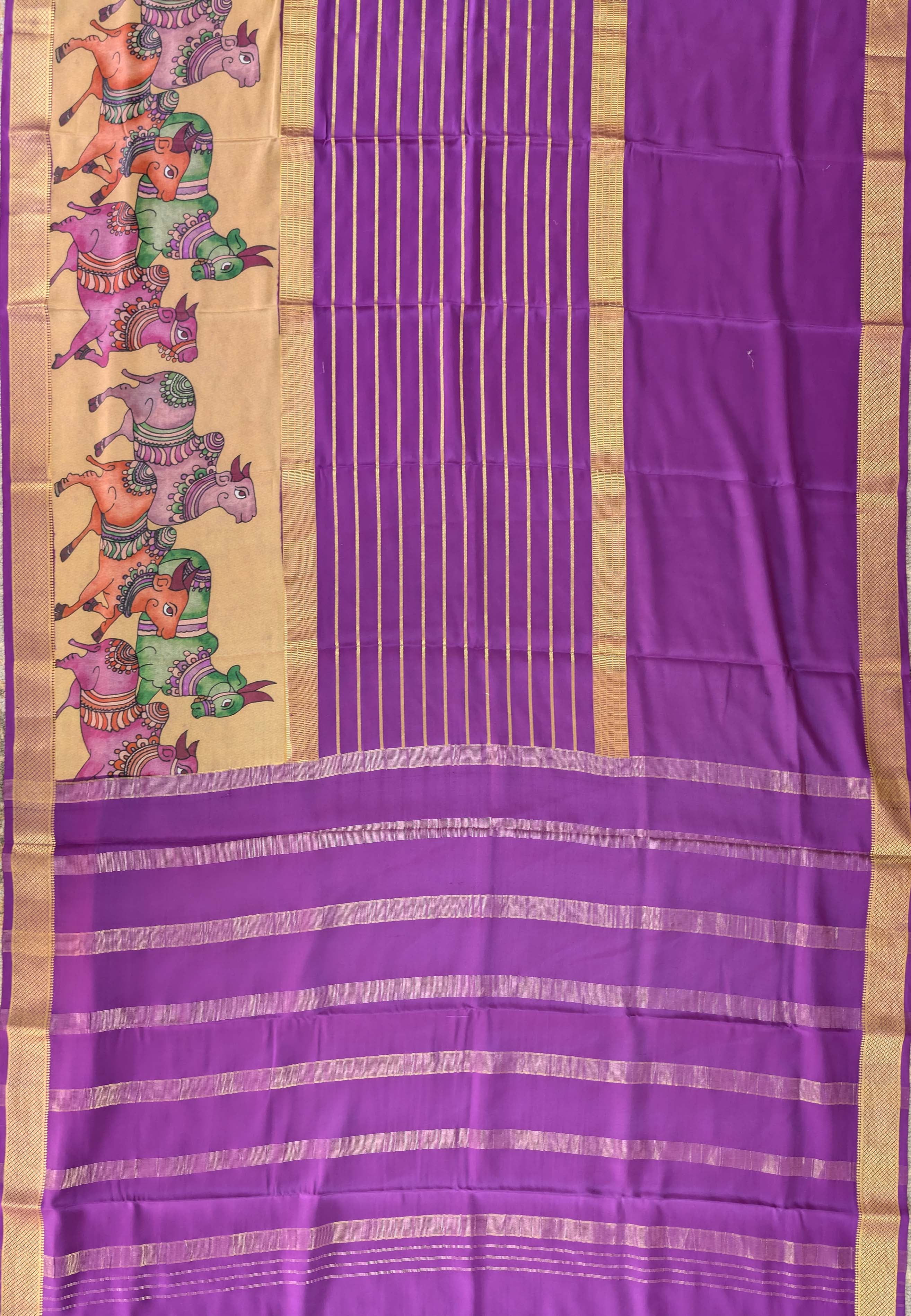 Pure Mysore Silk Crepe -  Purple with Printed Half Border