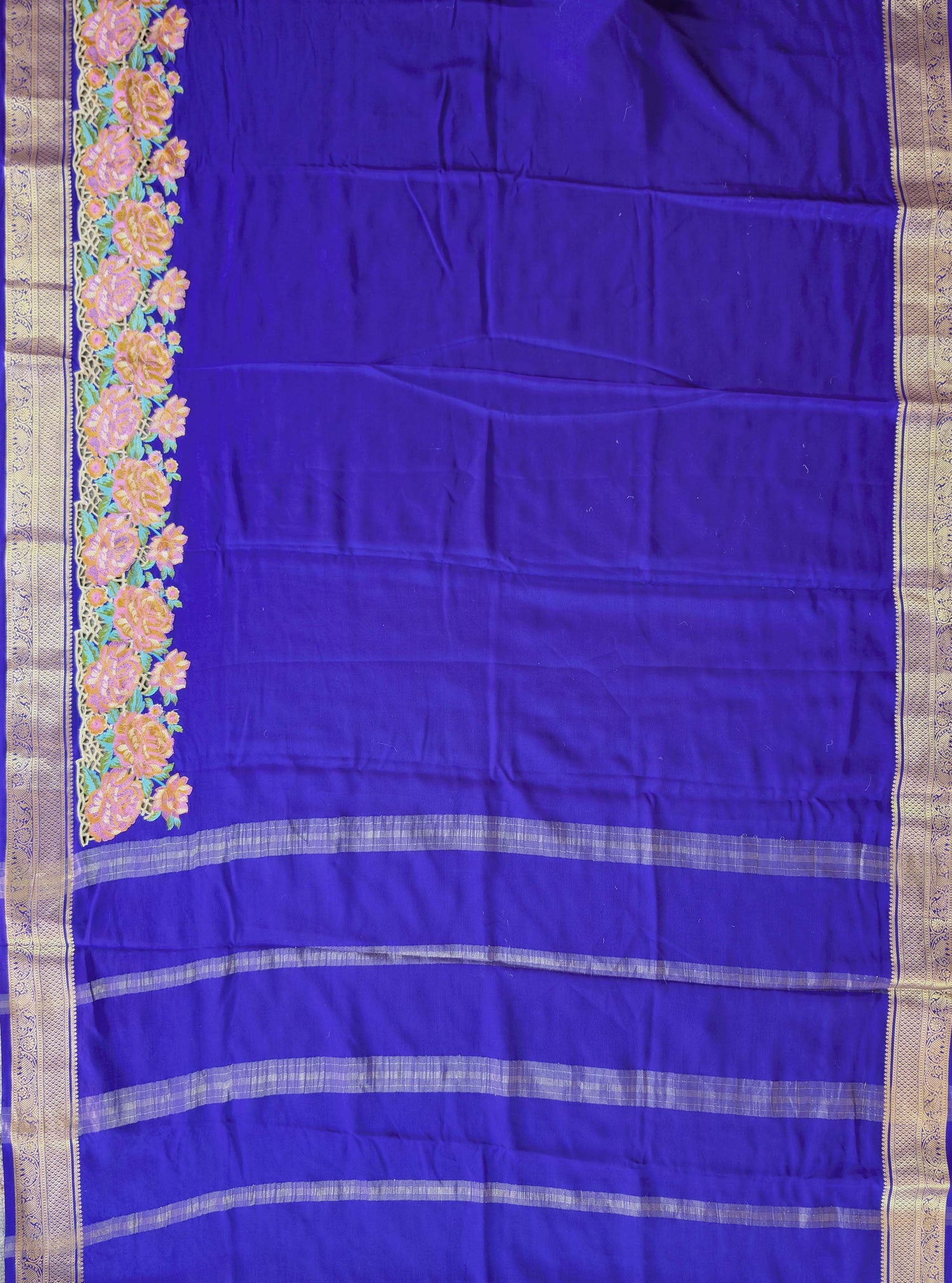 Pure Mysore Silk Crepe - Purple Floral Embroidery with Cut Work