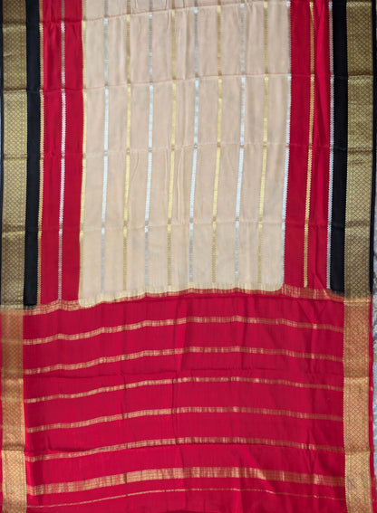 Pure Mysore Silk Crepe - Light Brown with Red &amp; Black 3D Pattern