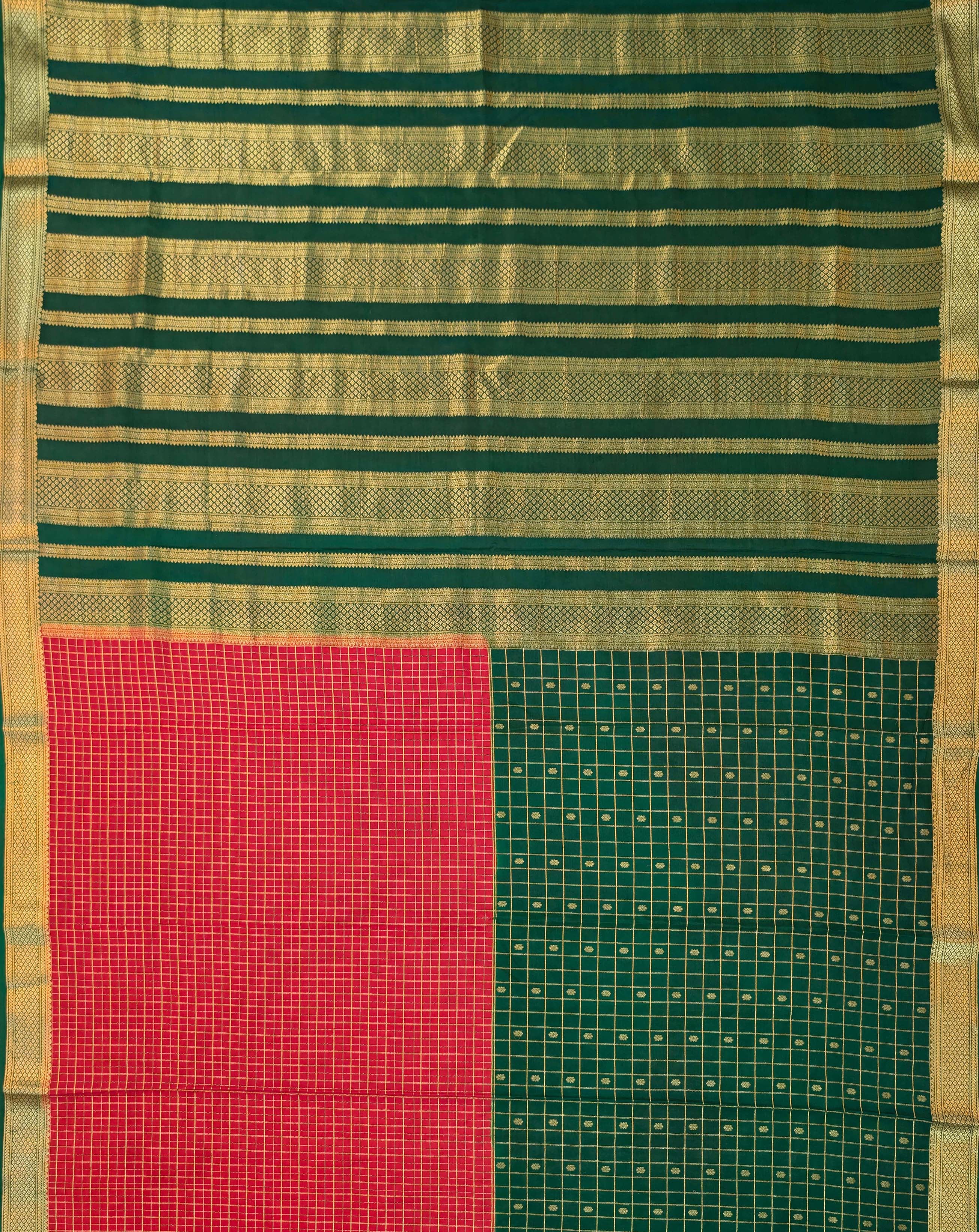 Pure Mysore Silk Crepe - Red with Green Half &amp; Half Pattern