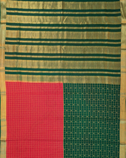 Pure Mysore Silk Crepe - Red with Green Half &amp; Half Pattern