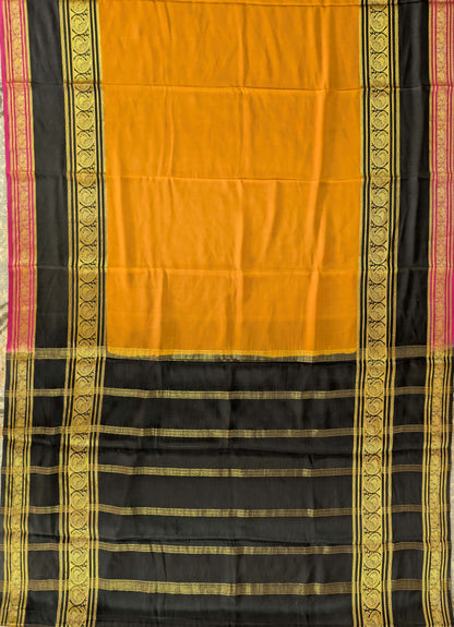 Pure Mysore Silk Crepe - Brownish Orange with Black &amp; Pink 3D Pattern