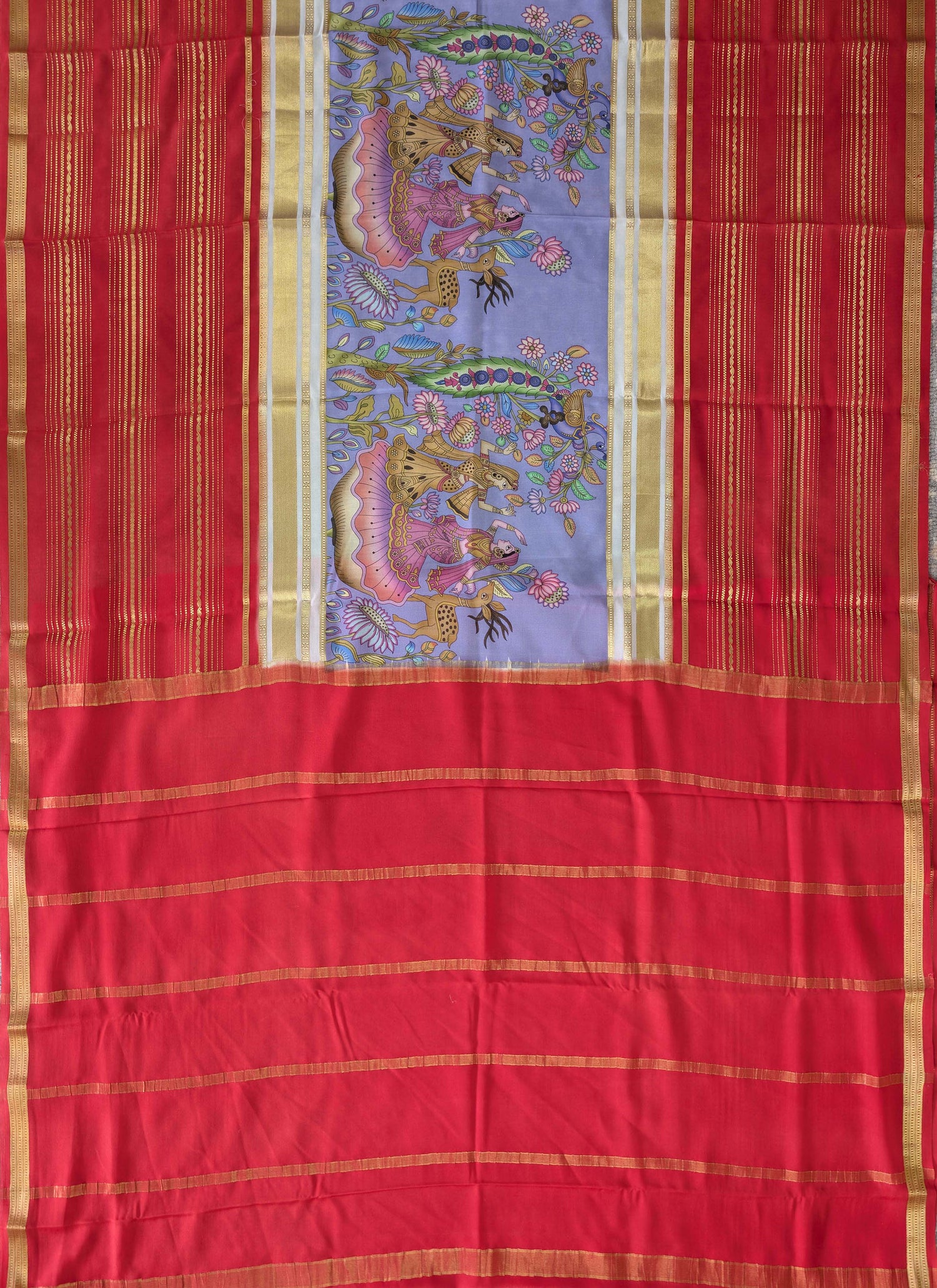 Pure Mysore Silk Crepe -  Red with Lavender Printed Base