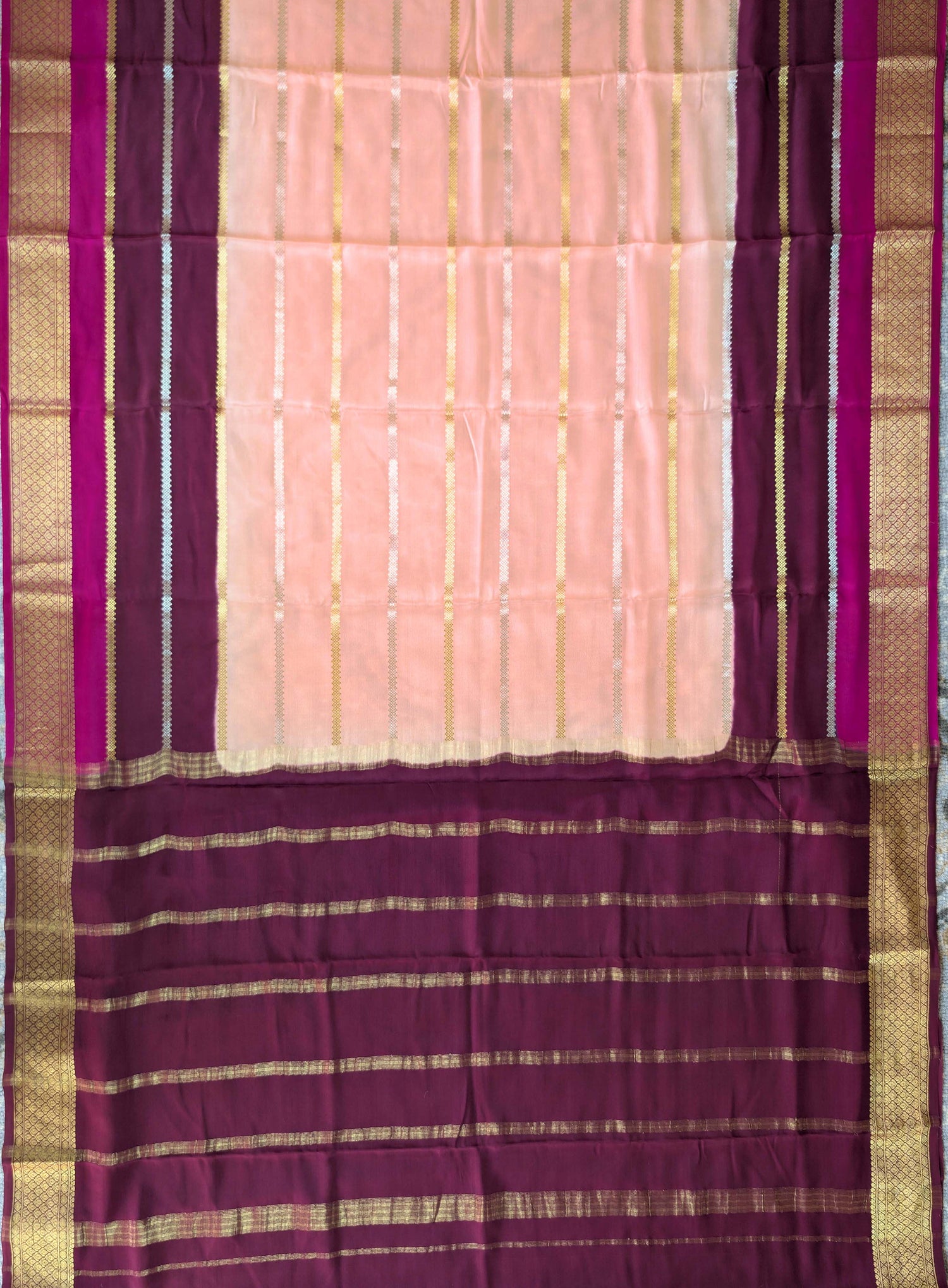 Pure Mysore Silk Crepe - Peach with Wine &amp; Pink 3D Pattern