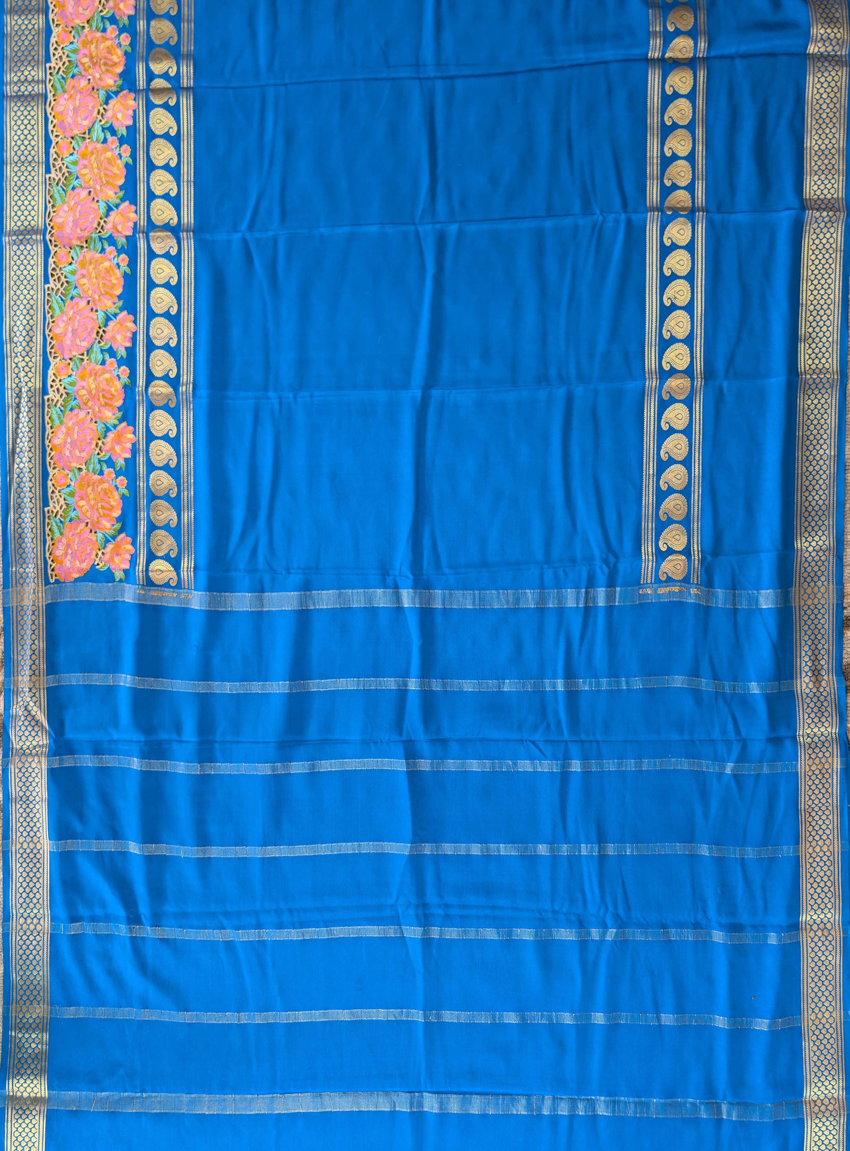 Pure Mysore Silk Crepe - Blue Floral Embroidery with Cut Work