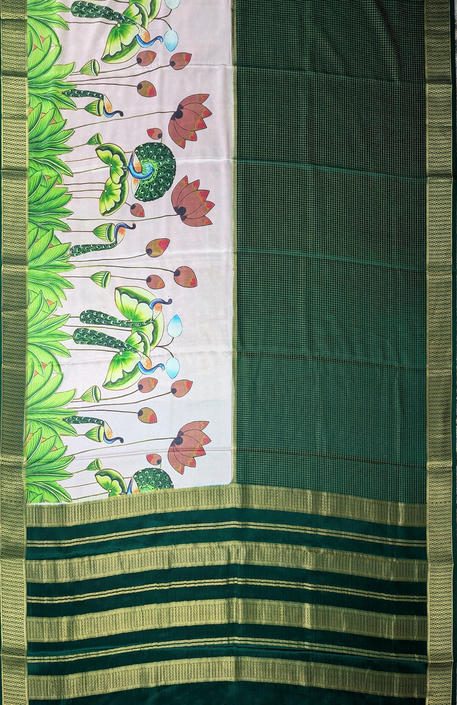 Pure Mysore Silk Crepe -  Green with Light Pink Half &amp; Half Printed Border