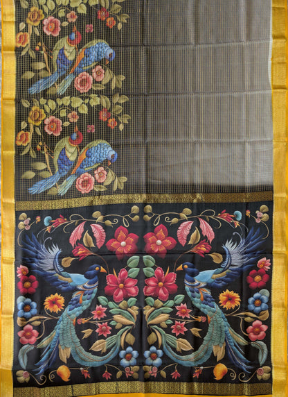 Pure Mysore Silk Crepe - Charcoal Grey and Mustard Yellow with Printed Pallu &amp; Border