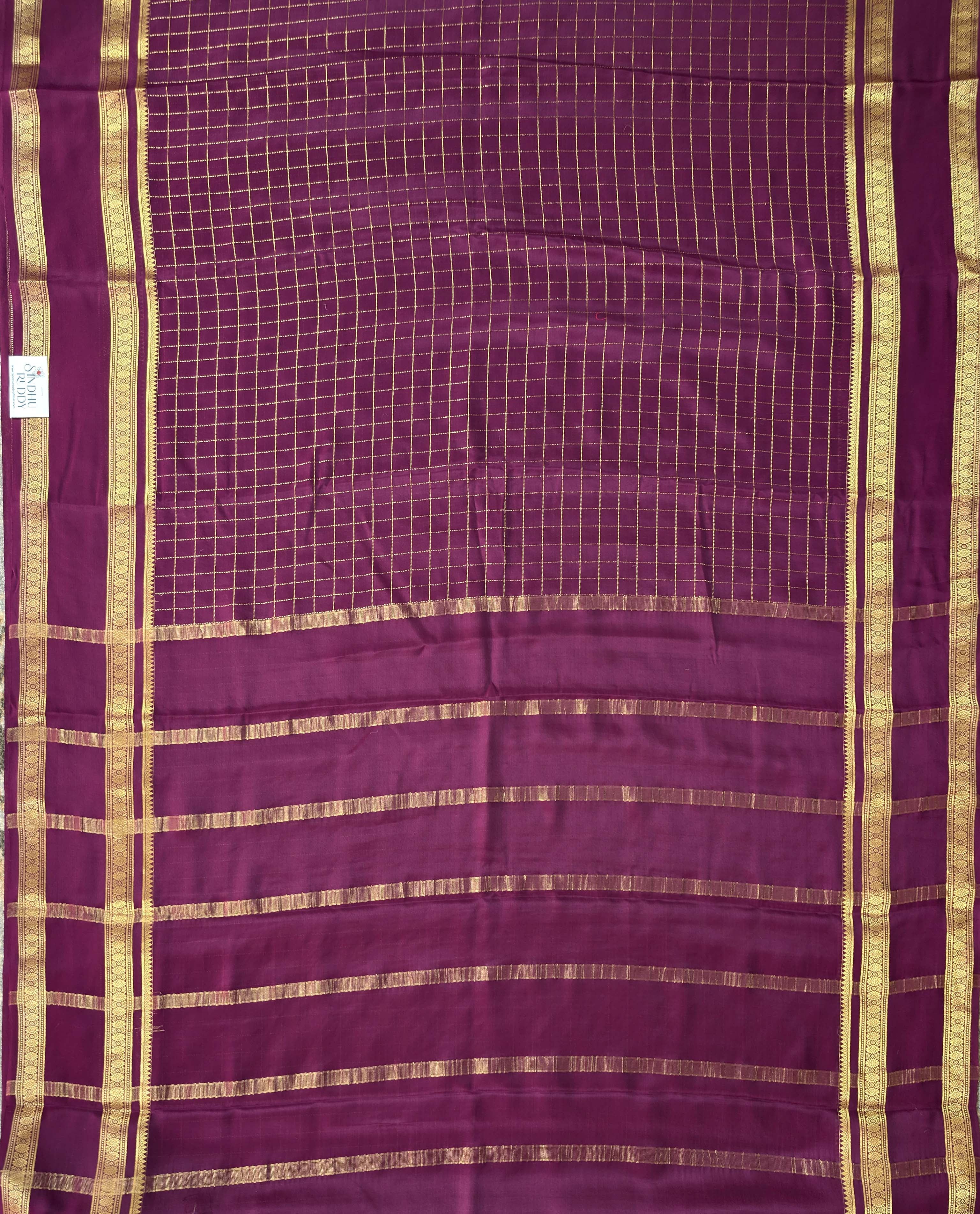 Pure Mysore Silk Crepe - Wine with zari checks and gap border