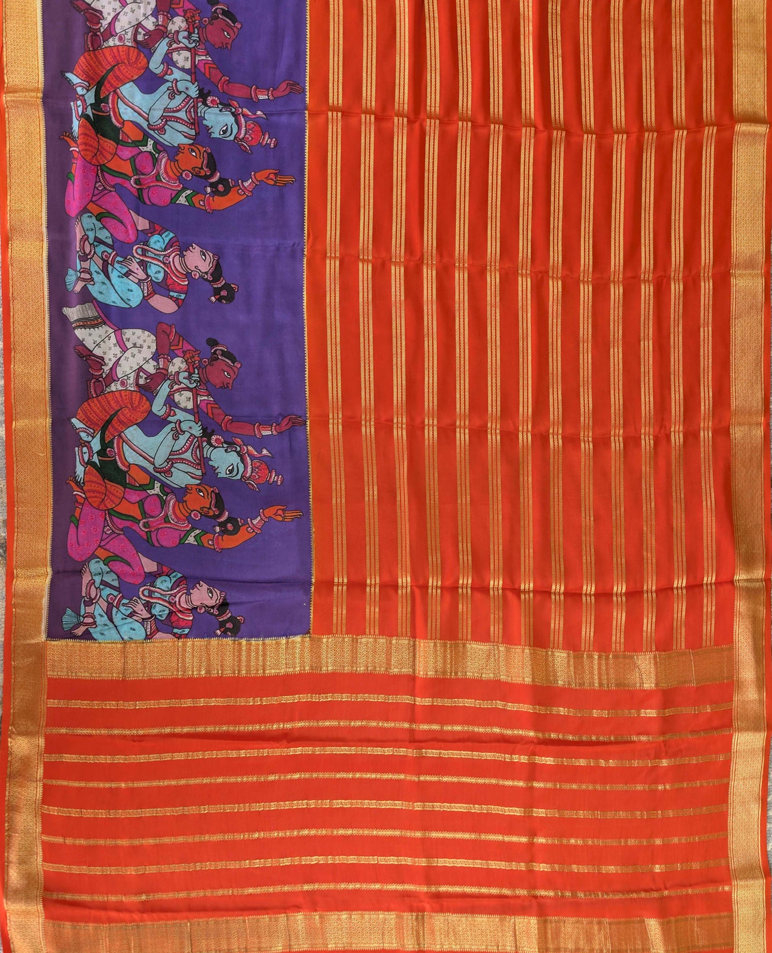 Pure Mysore Silk Crepe -  Brick Orange with Printed Half Border