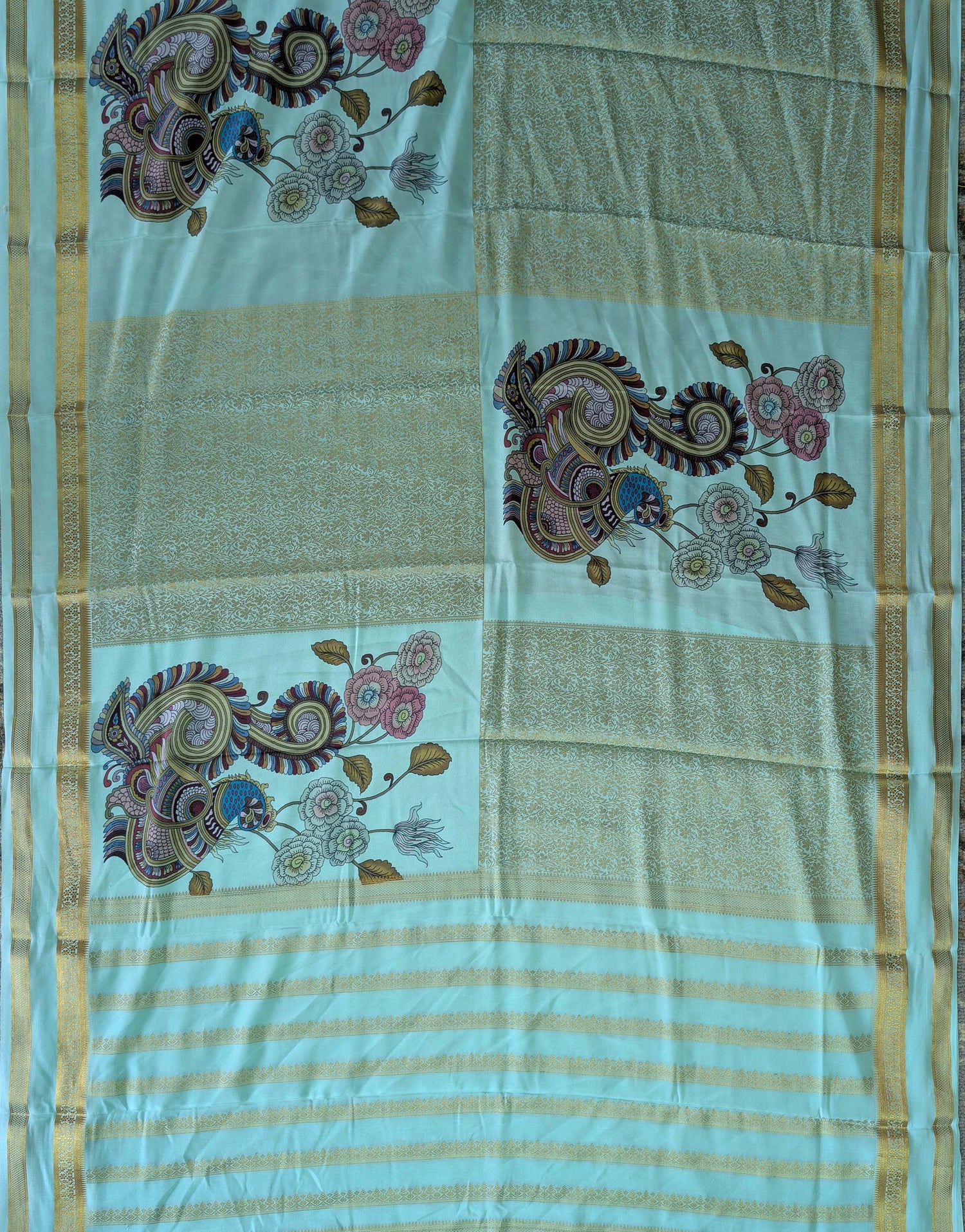 Pure Mysore Silk Crepe -  Summer Green with Placement Design