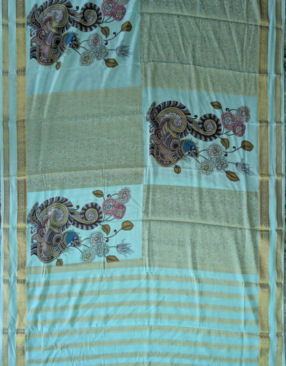 Pure Mysore Silk Crepe -  Summer Green with Placement Design