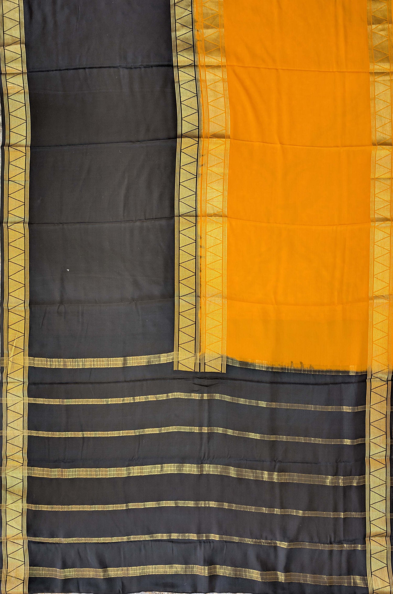 Pure Mysore Silk Crepe - Black with Orange Half &amp; Half Pattern