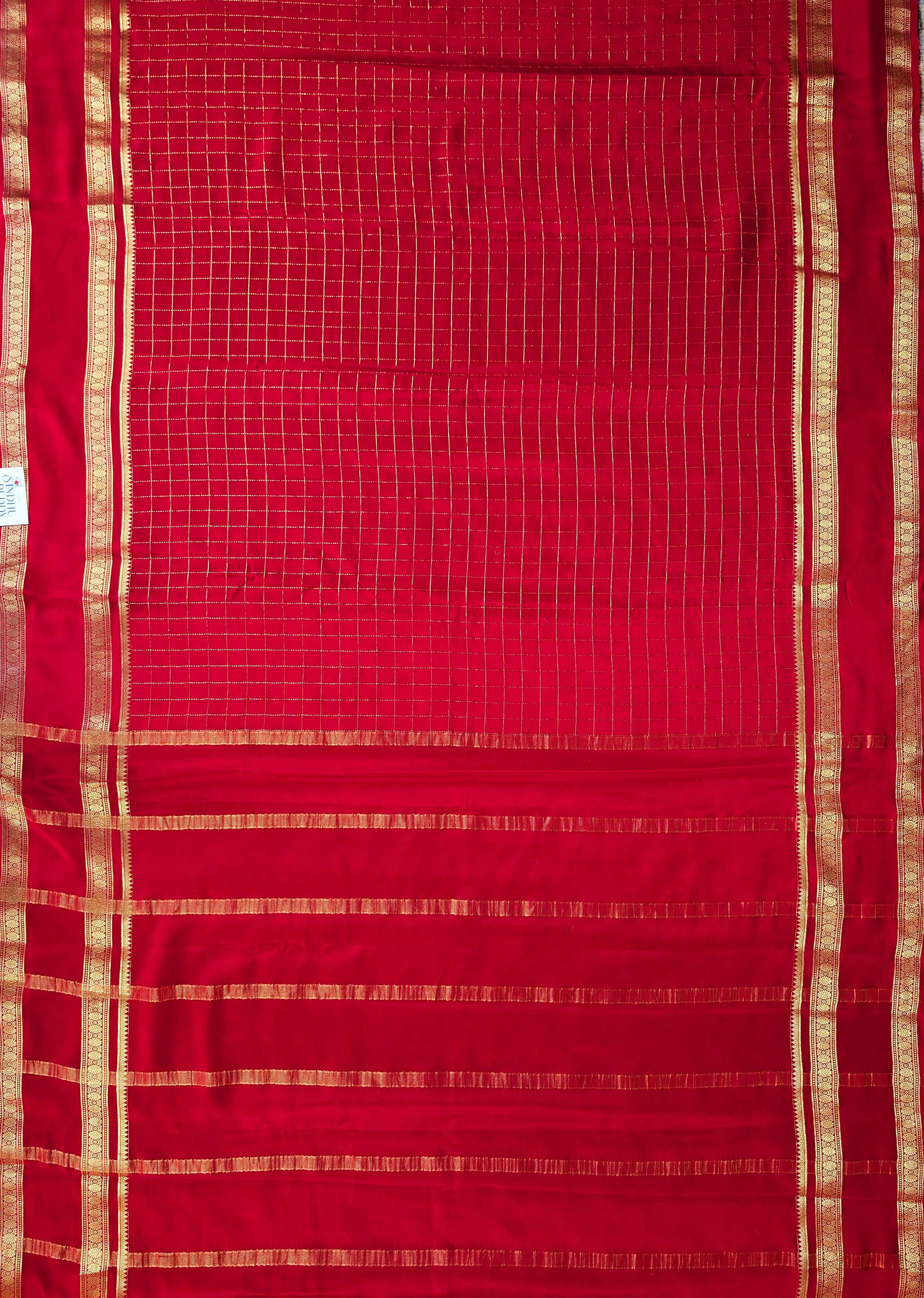 Pure Mysore Silk Crepe - Red with zari checks and gap border