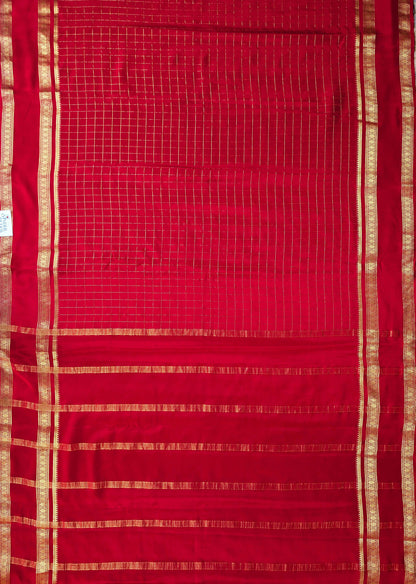 Pure Mysore Silk Crepe - Red with zari checks and gap border