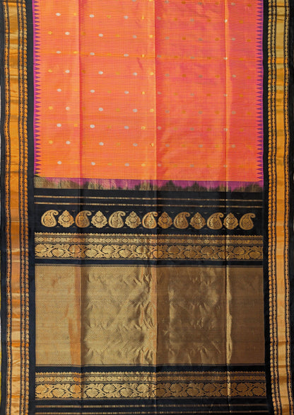 Pure Handloom Gadwal - Dual tone Peach and Orange with Black Border