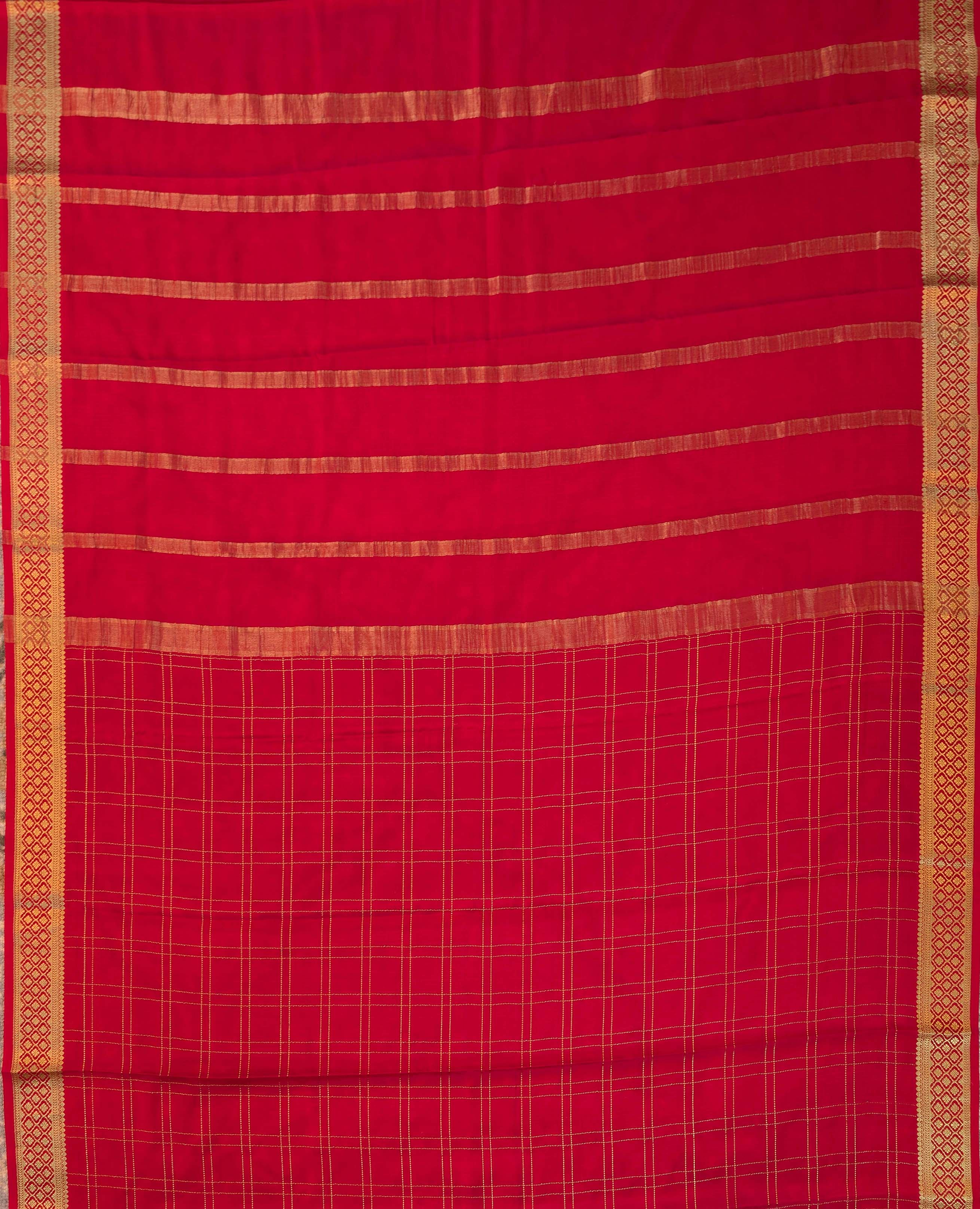 Pure Mysore Silk Crepe - Red with zari checks and border