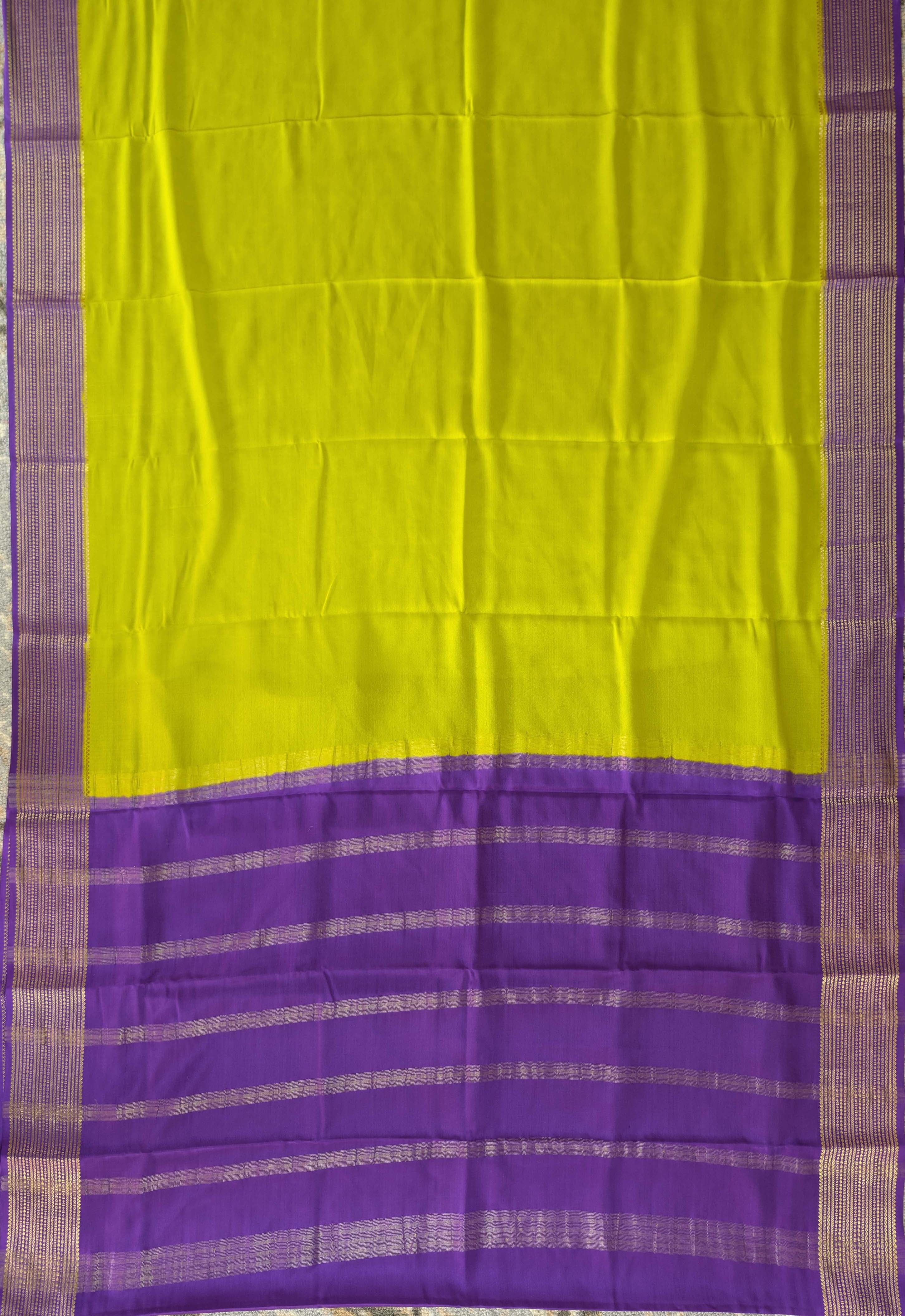 Pure Mysore Silk Crepe - Mustard Green with Purple