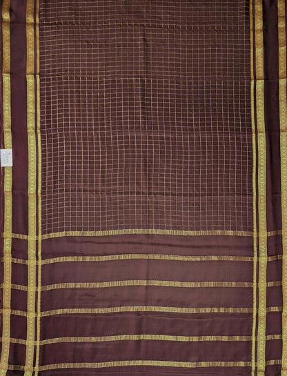 Pure Mysore Silk Crepe - Chocolate Brown with zari checks and gap border