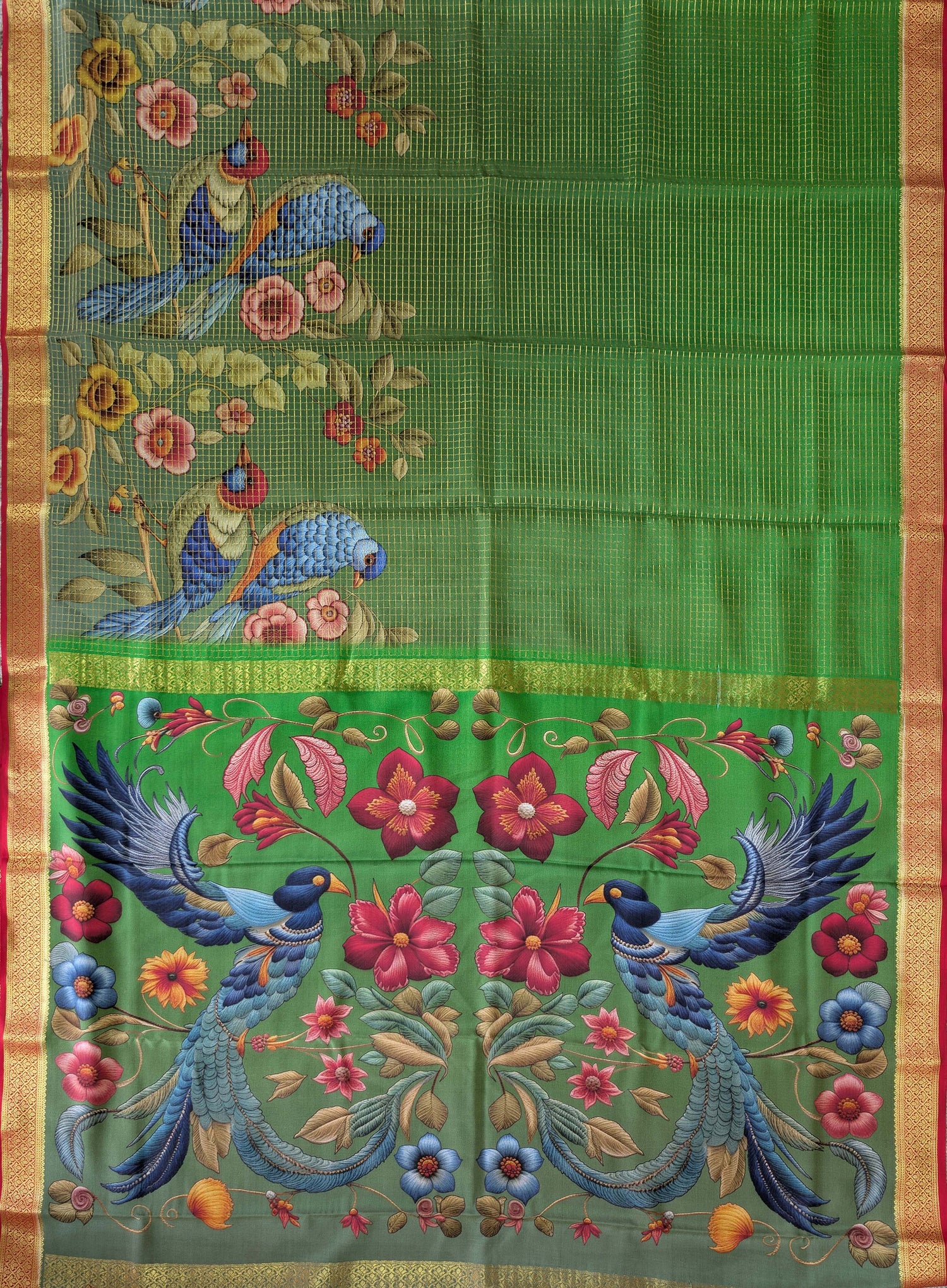 Pure Mysore Silk Crepe - Green and Red with Printed Pallu &amp; Border