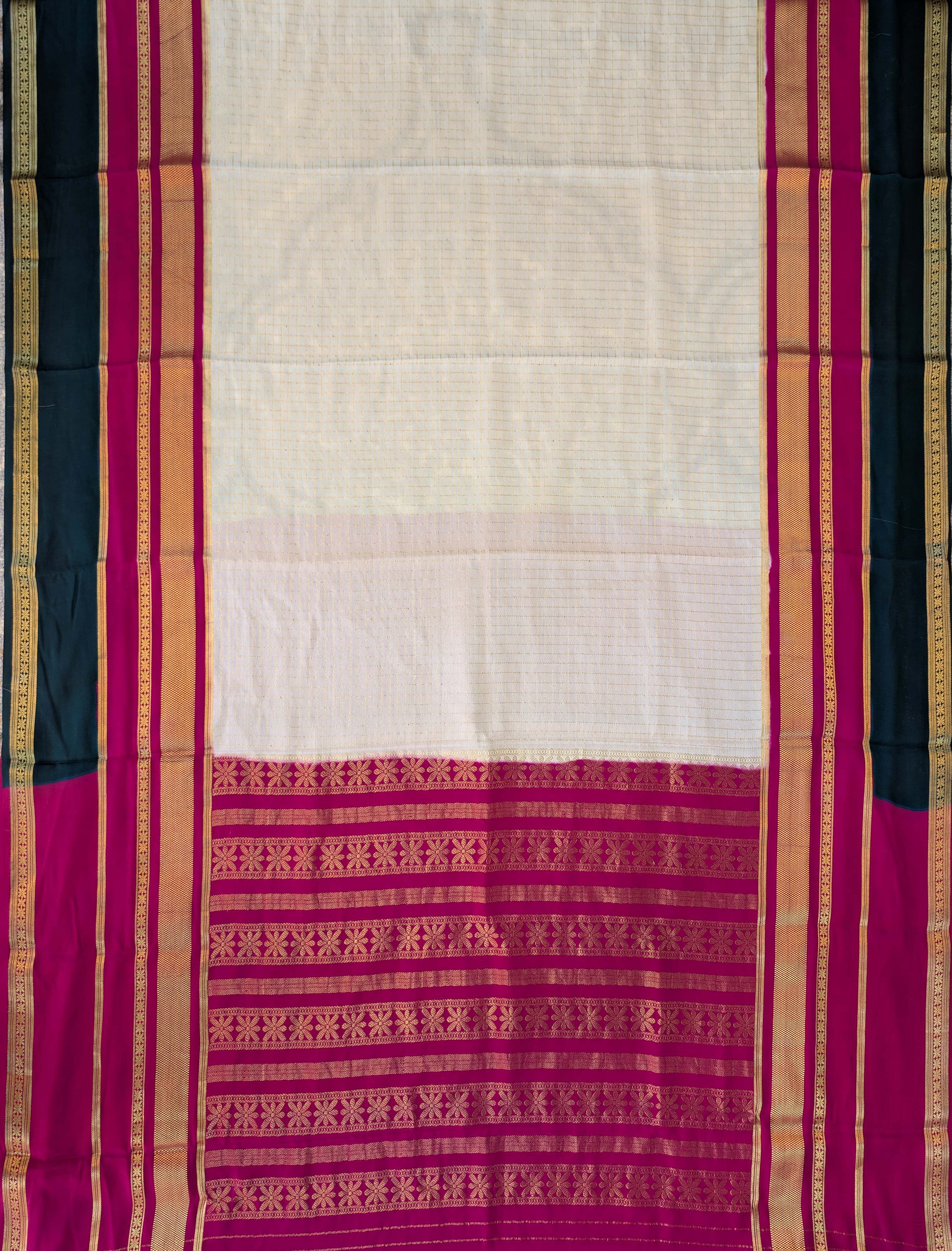 Pure Mysore Silk Crepe - White with Pink &amp; Green 3D Pattern