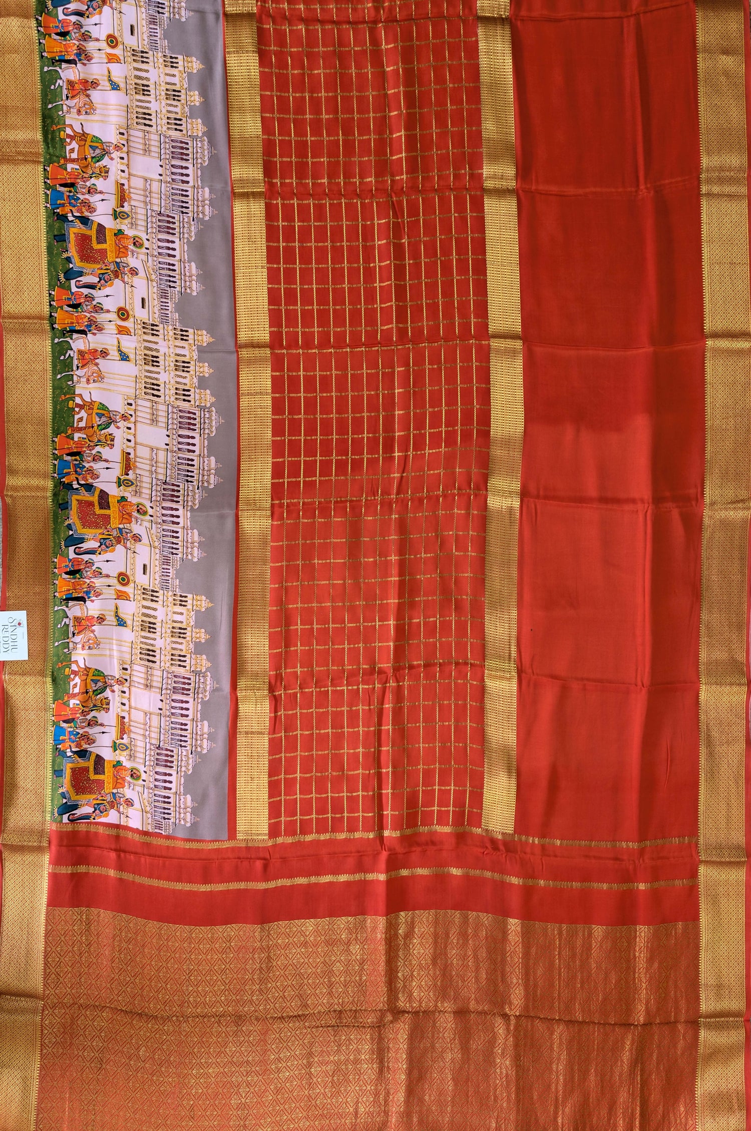 Pure Mysore Silk Crepe -  Orange with Printed Half Border