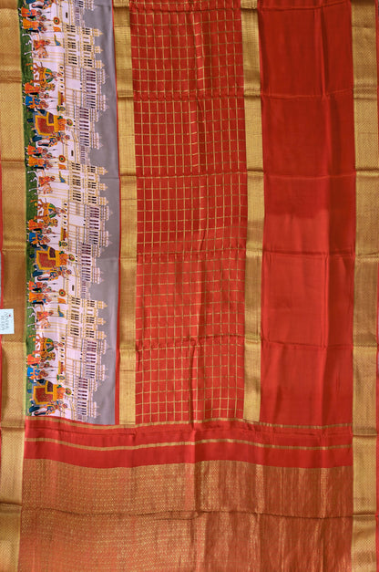 Pure Mysore Silk Crepe -  Orange with Printed Half Border