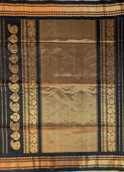 Pure Handloom Gadwal - Dual tone Peach and Orange with Black Border