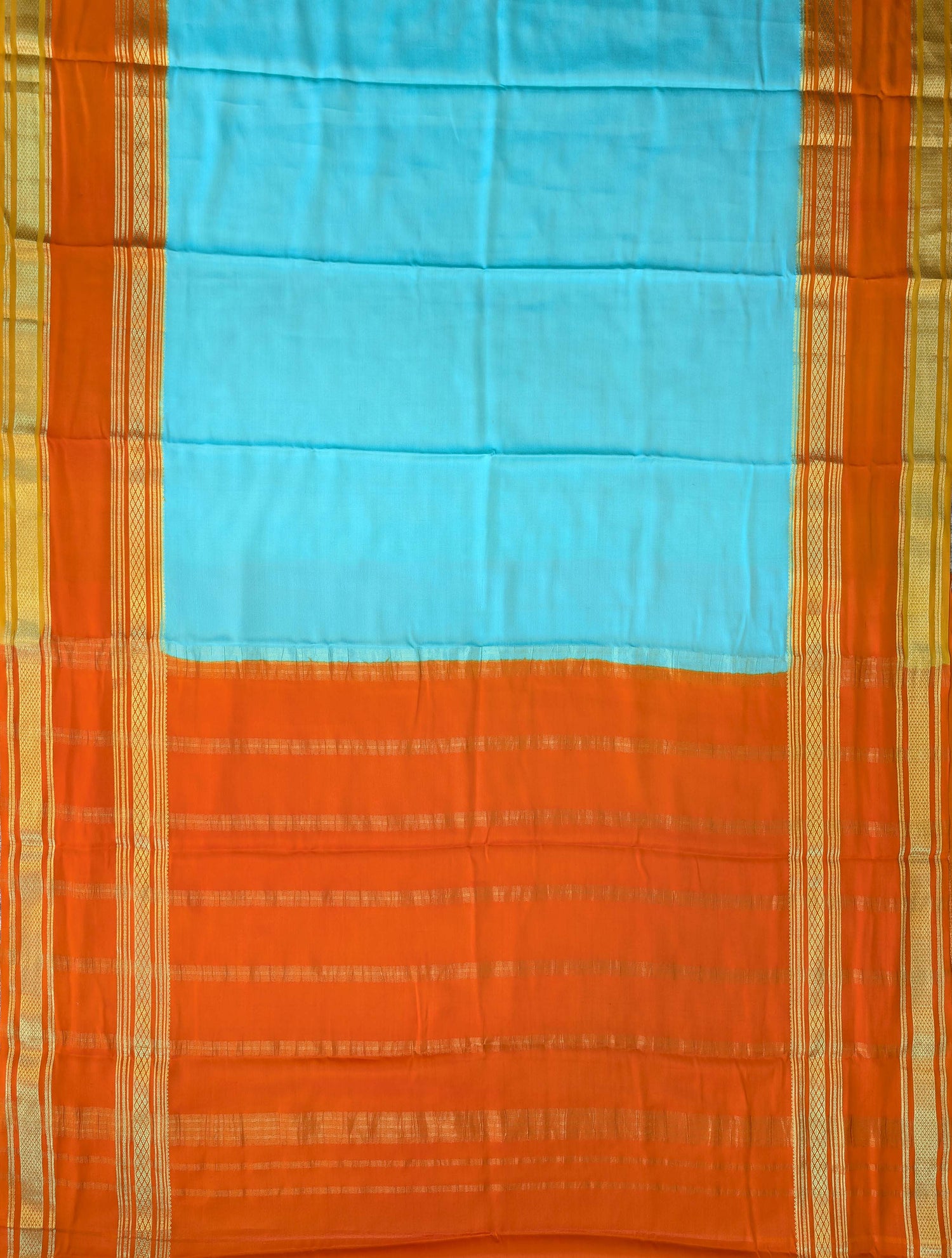 Pure Mysore Silk Crepe - Sea Blue with Orange