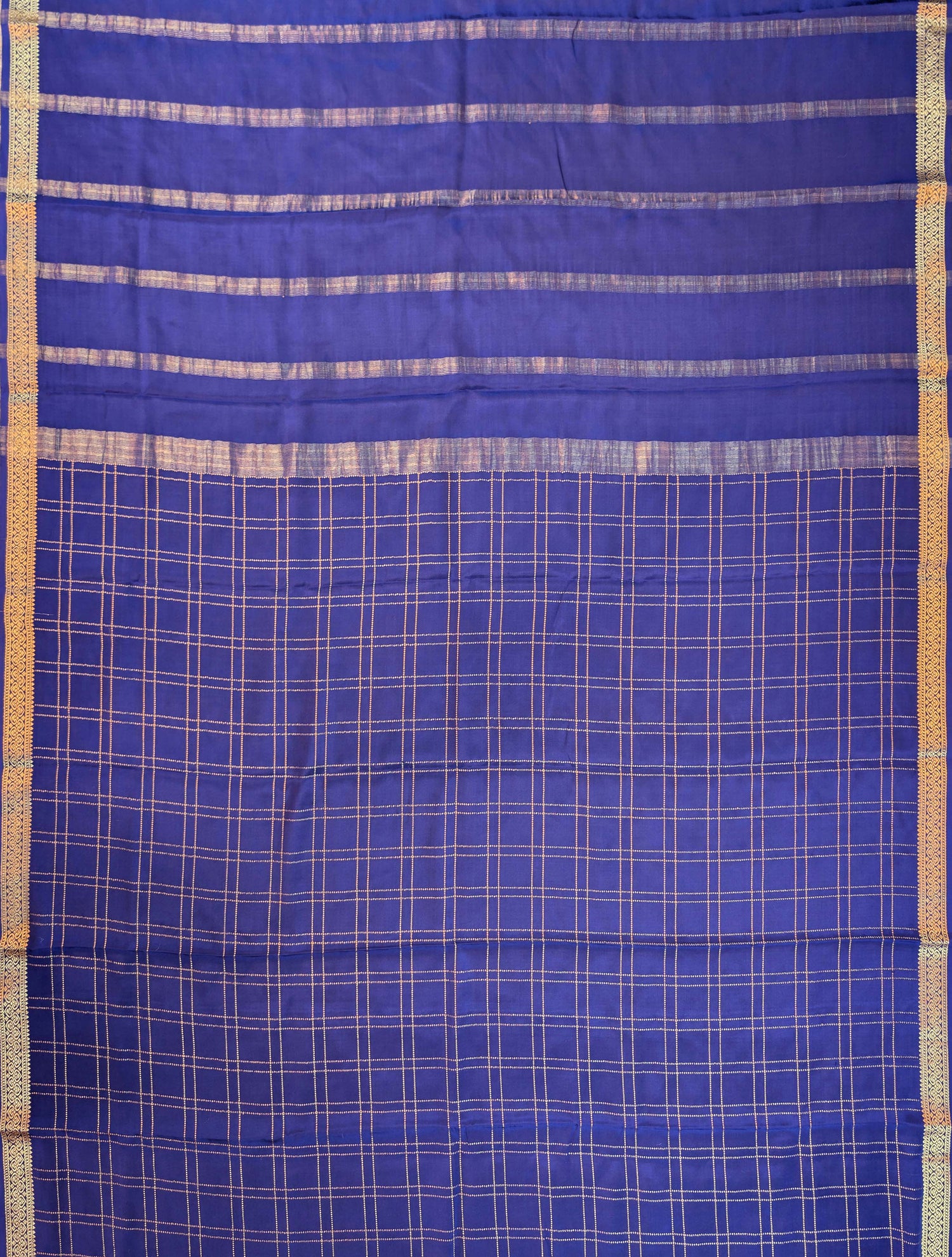 Pure Mysore Silk Crepe - Royal Blue with Zari checks and border