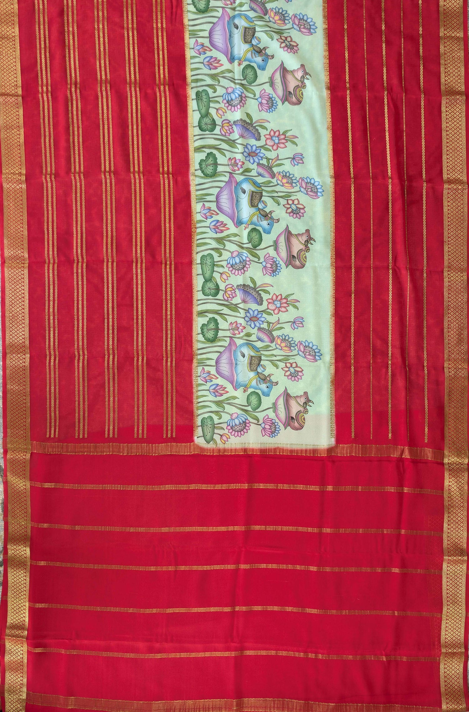 Pure Mysore Silk Crepe -  Red with Summer Green Printed Base