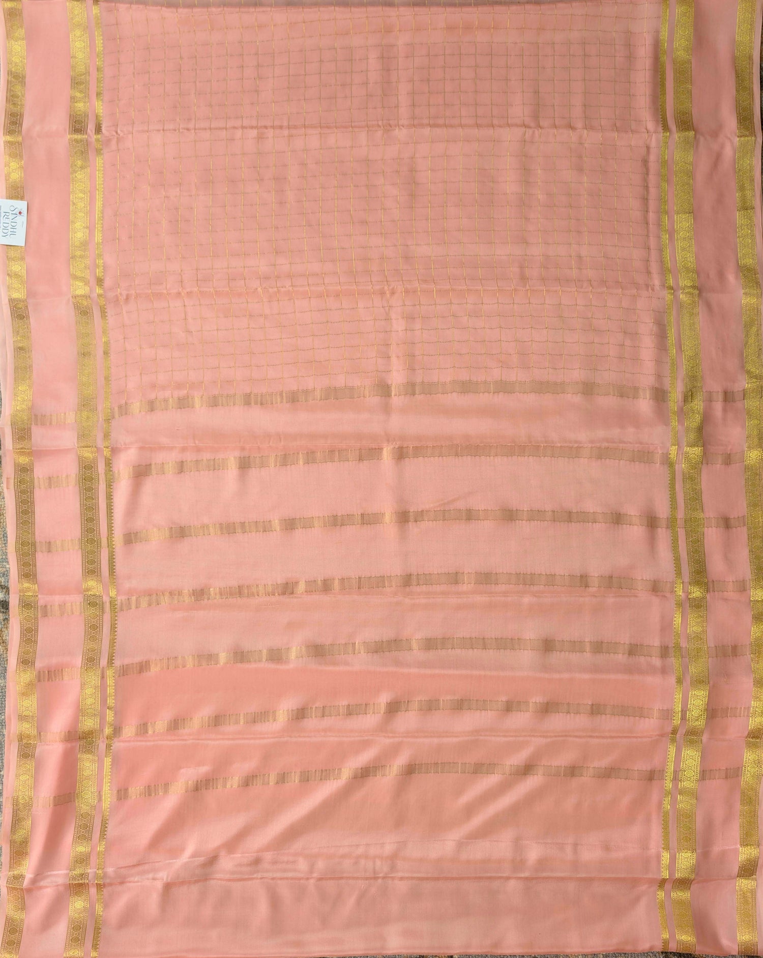 Pure Mysore Silk Crepe - Peach with zari checks and gap border