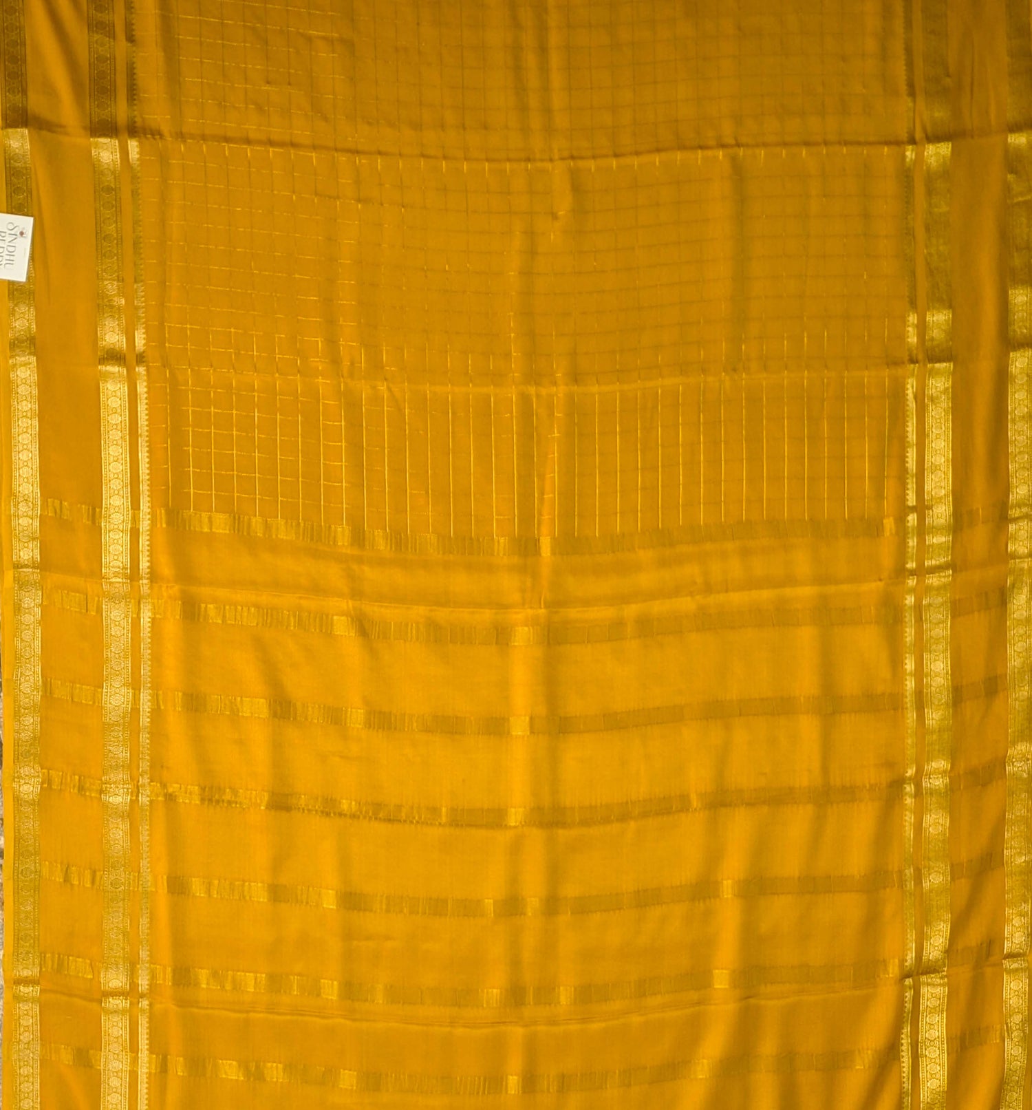 Pure Mysore Silk Crepe - Mustard with zari checks and gap border