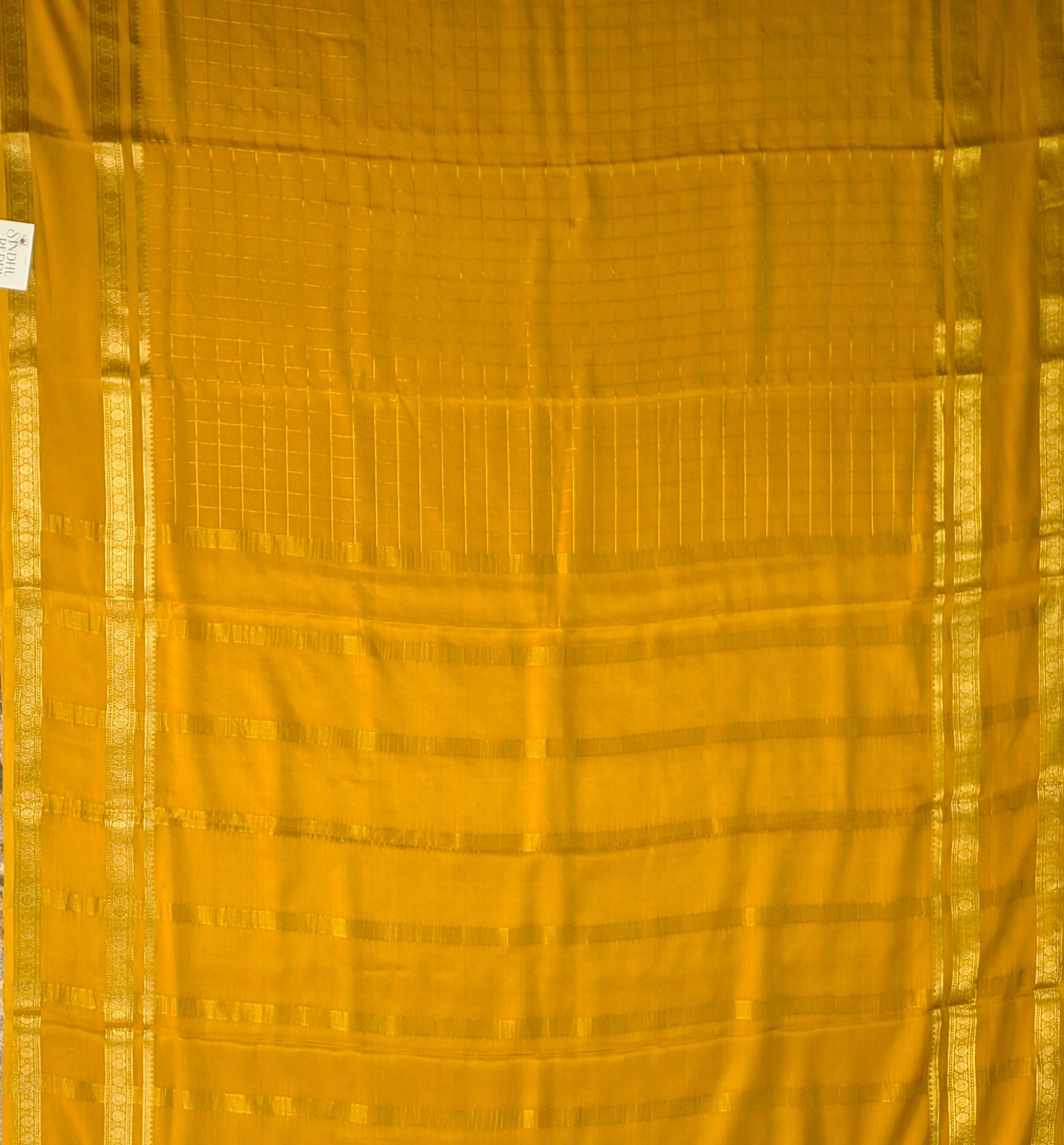 Pure Mysore Silk Crepe - Mustard with zari checks and gap border