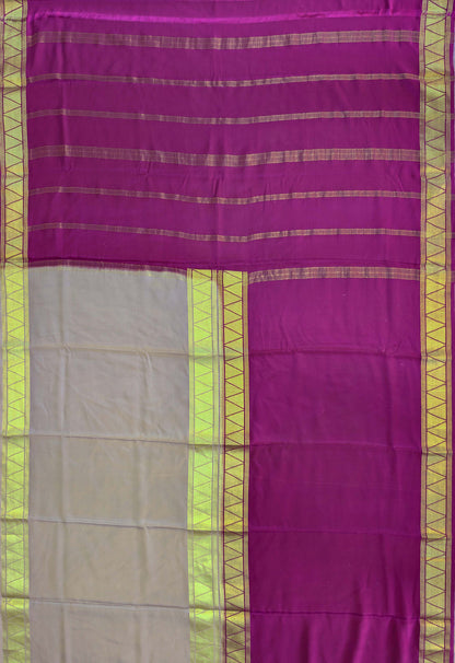 Pure Mysore Silk Crepe - Grey with Purple Half &amp; Half Pattern