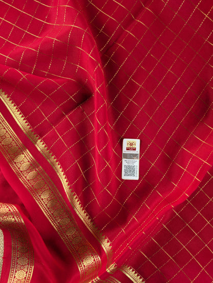 Pure Mysore Silk Crepe - Red with zari checks and gap border