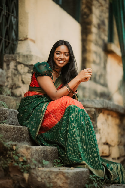 Pure Mysore Silk Crepe - Red with Green Half &amp; Half Pattern