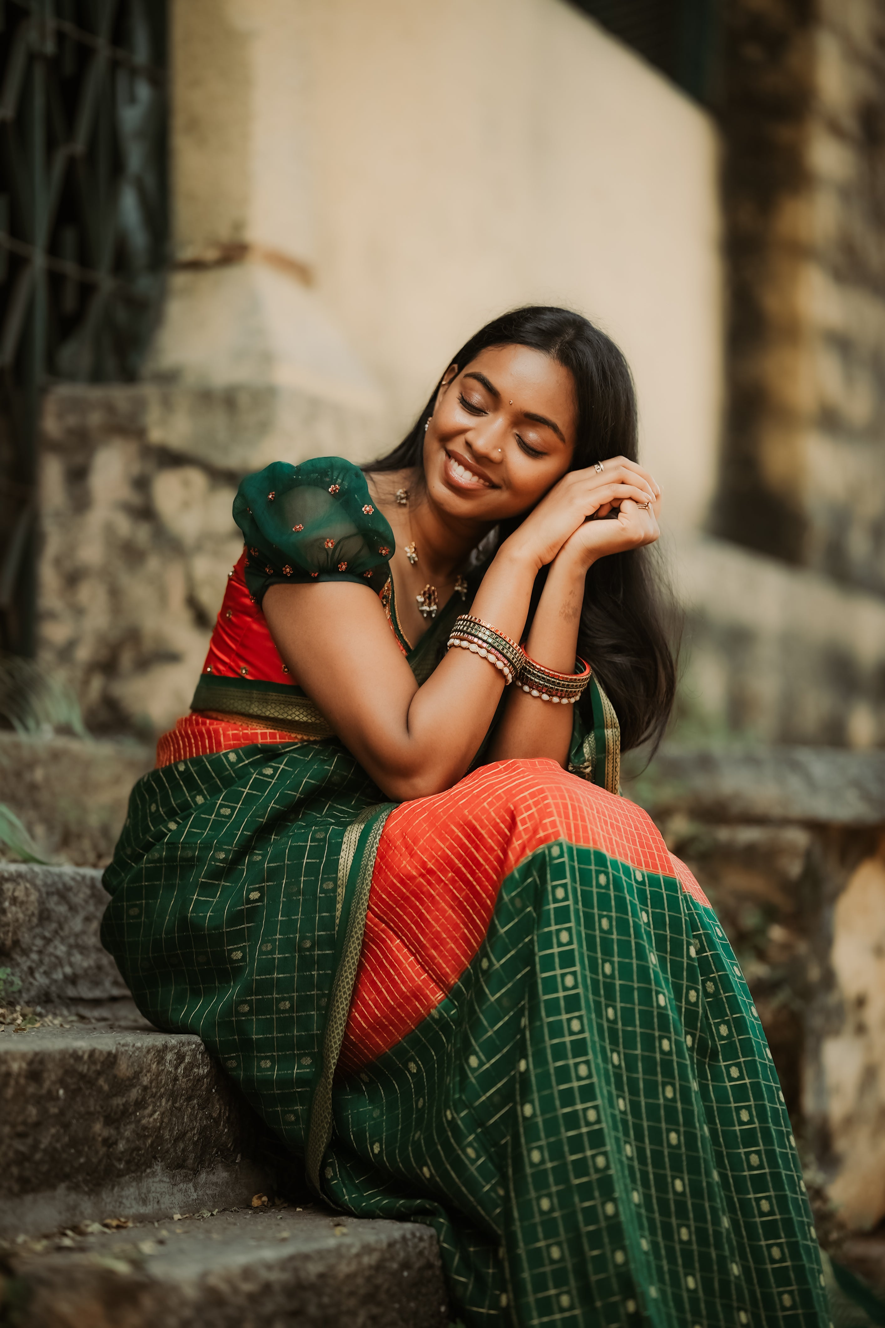 Pure Mysore Silk Crepe - Red with Green Half &amp; Half Pattern